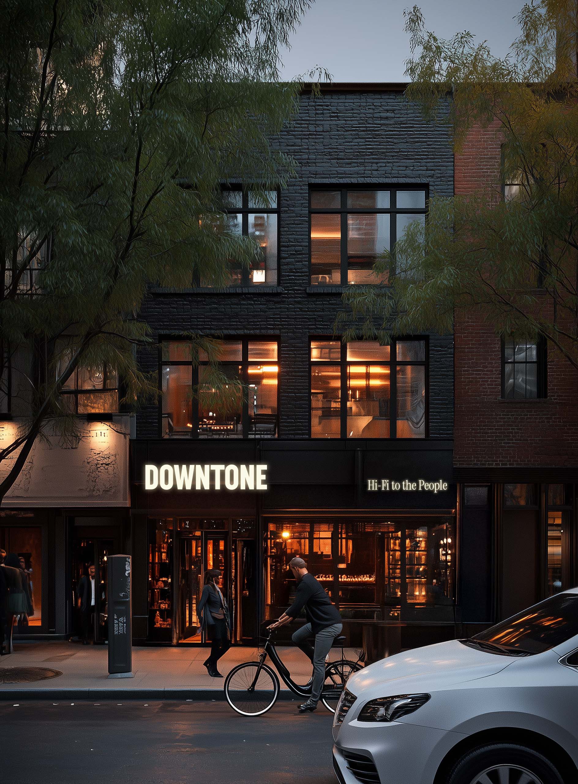 Downtone frontage at dusk, 301 Grand Street