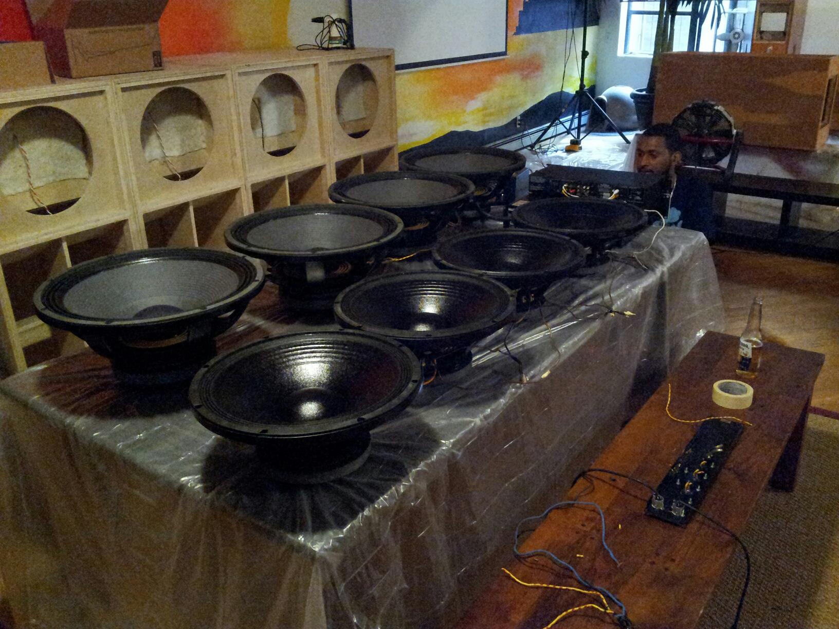 The 18-inch drivers laid out before assembly